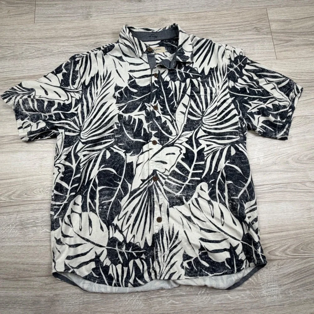 Tommy Bahama Mens‎ Large 100% Silk Black White Tropical Palm Leaf Camp Shirt